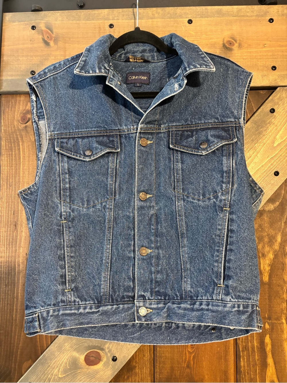 80s Vintage 
Calvin Klein Men's Dark Blue Sleeveless Denim Vest